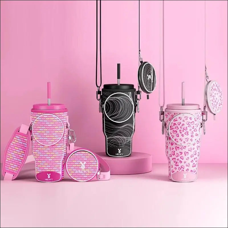 Meoky Pink Love Cup Sleeve | Reusable Portable Water Bottle Carrier for 40oz Large Capacity Cups | Fashionable Vacuum