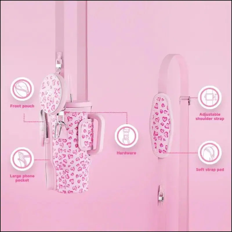 Meoky Pink Love Cup Sleeve | Reusable Portable Water Bottle Carrier for 40oz Large Capacity Cups | Fashionable Vacuum