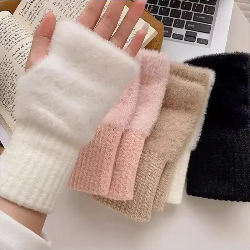Mink Fleece Soft Winter Half Finger Gloves for Women - Warm Luxury Plush Knitted Fingerless Mittens Writing