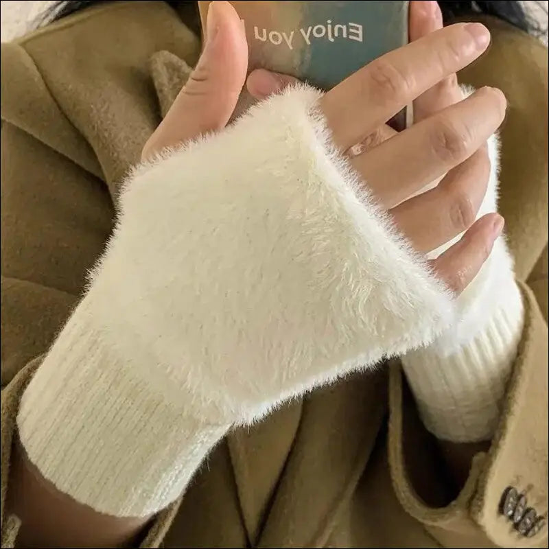 Mink Fleece Soft Winter Half Finger Gloves for Women - Warm Luxury Plush Knitted Fingerless Mittens Writing