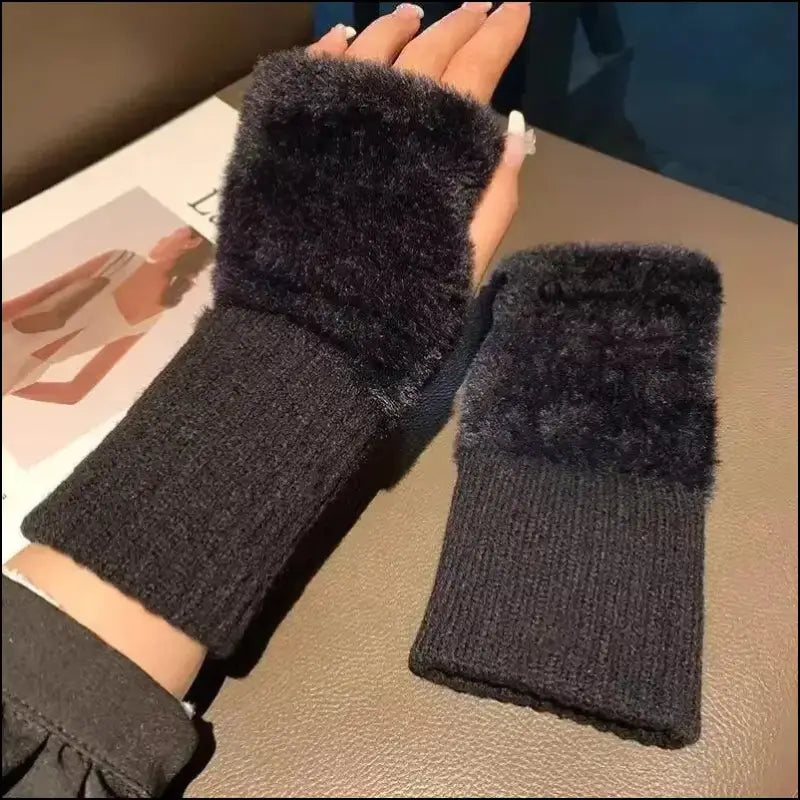 Mink Fleece Soft Winter Half Finger Gloves for Women - Warm Luxury Plush Knitted Fingerless Mittens Writing