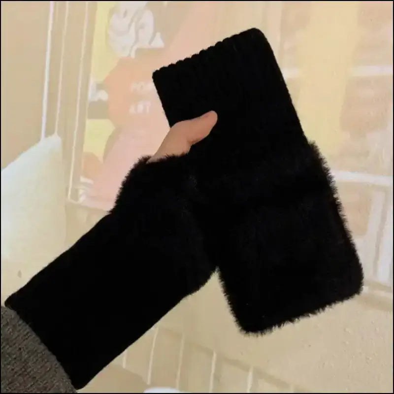 Mink Fleece Soft Winter Half Finger Gloves for Women - Warm Luxury Plush Knitted Fingerless Mittens Writing