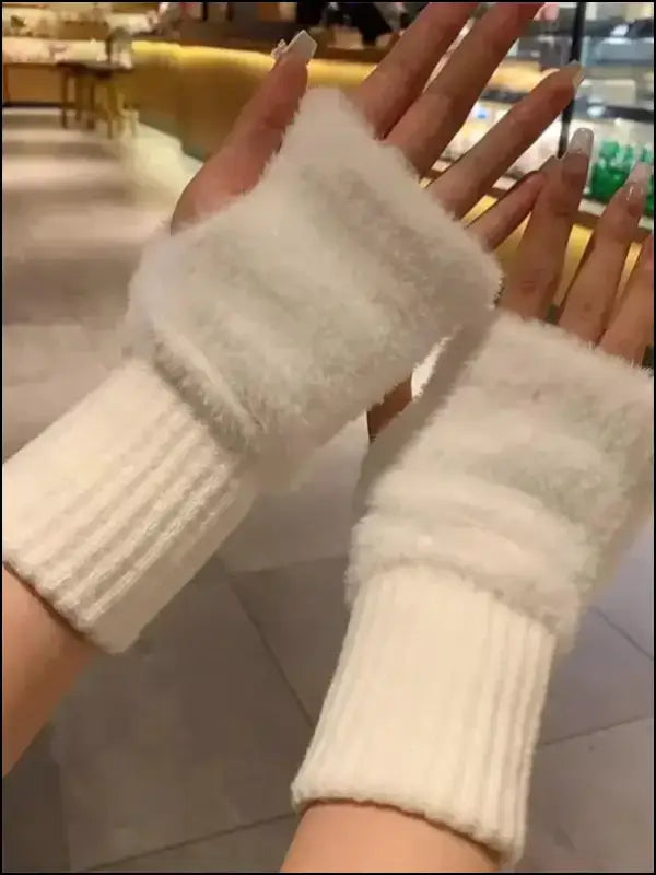 Mink Fleece Soft Winter Half Finger Gloves for Women - Warm Luxury Plush Knitted Fingerless Mittens Writing