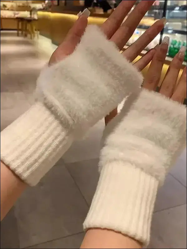 Mink Fleece Soft Winter Half Finger Gloves for Women - Warm Luxury Plush Knitted Fingerless Mittens Writing