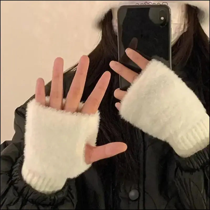 Mink Fleece Soft Winter Half Finger Gloves for Women - Warm Luxury Plush Knitted Fingerless Mittens Writing
