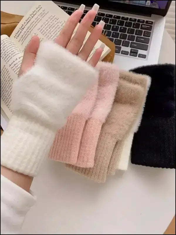 Mink Fleece Soft Winter Half Finger Gloves for Women - Warm Luxury Plush Knitted Fingerless Mittens Writing