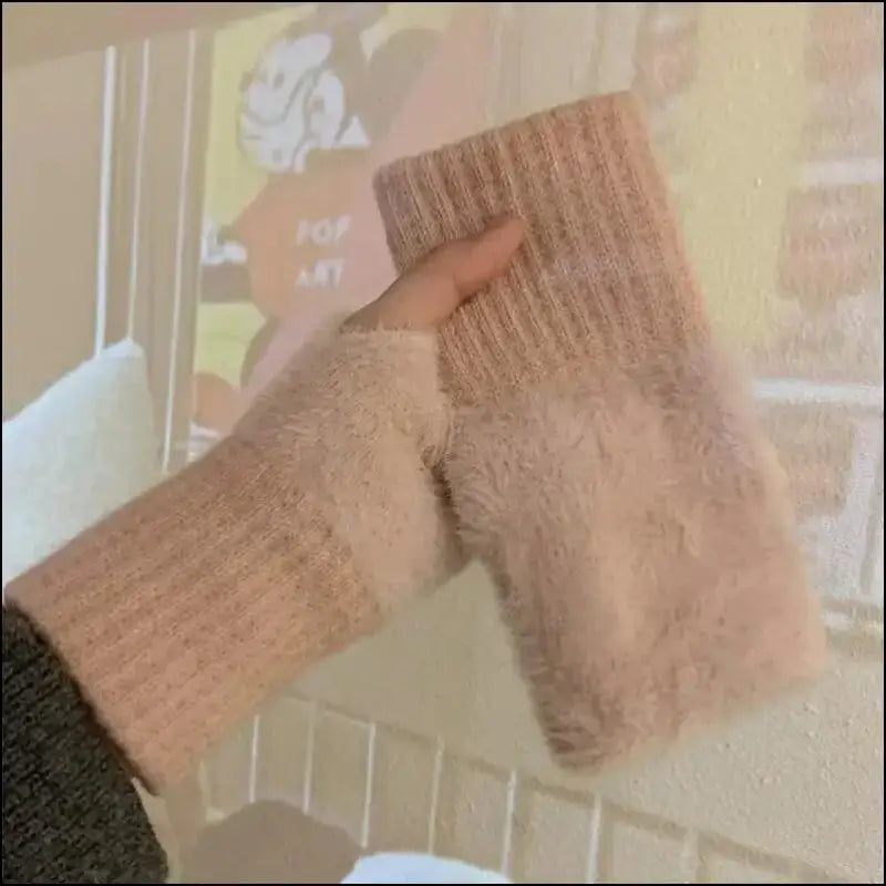 Mink Fleece Soft Winter Half Finger Gloves for Women - Warm Luxury Plush Knitted Fingerless Mittens Writing