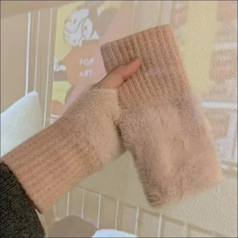 Mink Fleece Soft Winter Half Finger Gloves for Women - Warm Luxury Plush Knitted Fingerless Mittens Writing