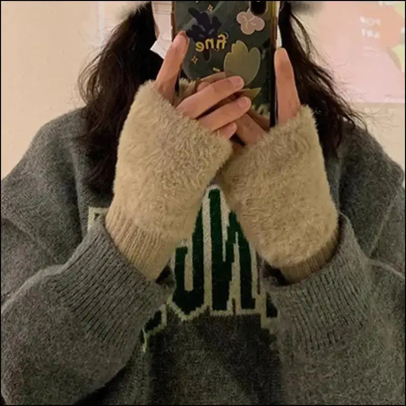 Mink Fleece Soft Winter Half Finger Gloves for Women - Warm Luxury Plush Knitted Fingerless Mittens Writing