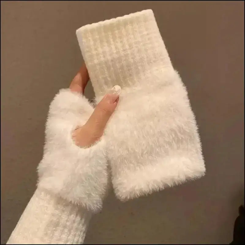 Mink Fleece Soft Winter Half Finger Gloves for Women - Warm Luxury Plush Knitted Fingerless Mittens Writing