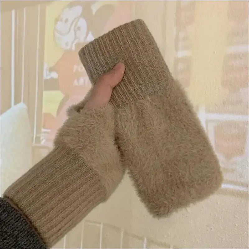 Mink Fleece Soft Winter Half Finger Gloves for Women - Warm Luxury Plush Knitted Fingerless Mittens Writing - khaki
