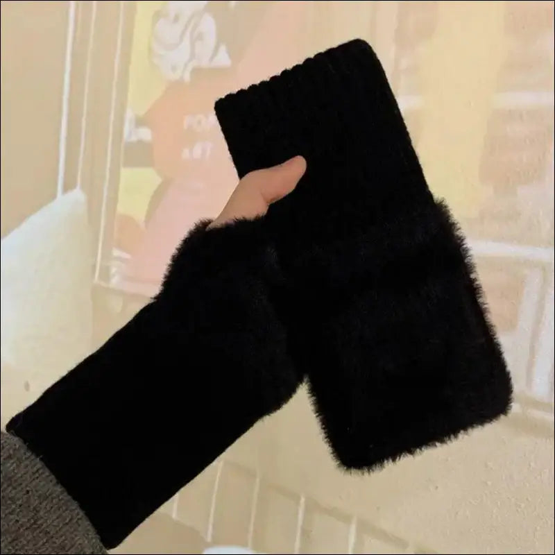 Mink Fleece Soft Winter Half Finger Gloves for Women - Warm Luxury Plush Knitted Fingerless Mittens Writing