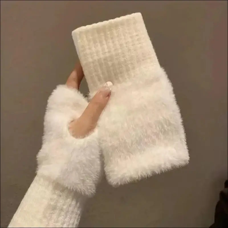 Mink Fleece Soft Winter Half Finger Gloves for Women - Warm Luxury Plush Knitted Fingerless Mittens Writing - WHITE
