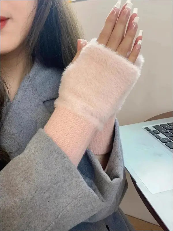 Mink Fleece Soft Winter Half Finger Gloves for Women - Warm Luxury Plush Knitted Fingerless Mittens Writing