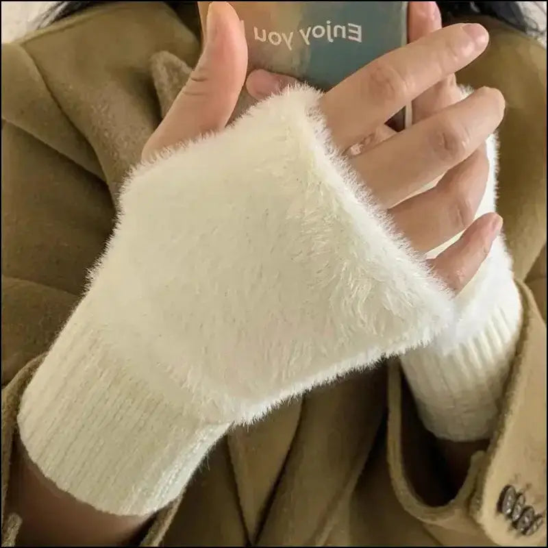 Mink Fleece Soft Winter Half Finger Gloves for Women - Warm Luxury Plush Knitted Fingerless Mittens Writing