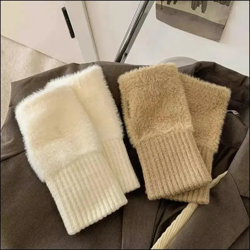 Mink Fleece Soft Winter Half Finger Gloves for Women - Warm Luxury Plush Knitted Fingerless Mittens Writing