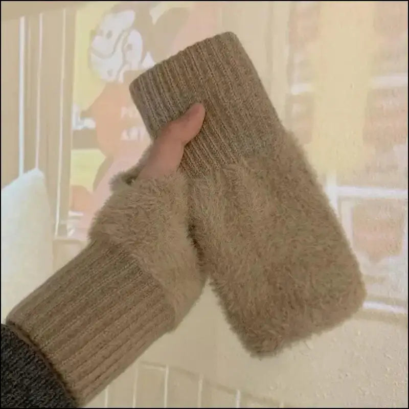Mink Fleece Soft Winter Half Finger Gloves for Women - Warm Luxury Plush Knitted Fingerless Mittens Writing