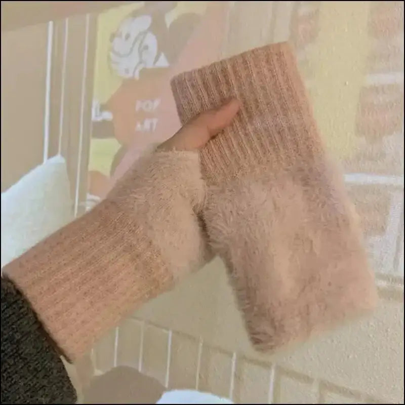 Mink Fleece Soft Winter Half Finger Gloves for Women - Warm Luxury Plush Knitted Fingerless Mittens Writing