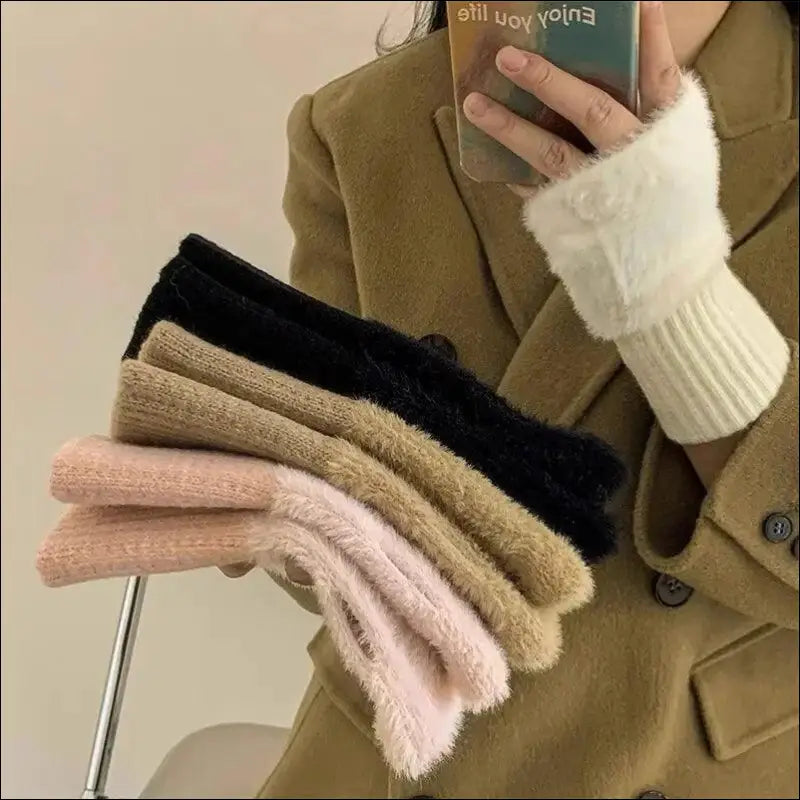 Mink Fleece Soft Winter Half Finger Gloves for Women - Warm Luxury Plush Knitted Fingerless Mittens Writing