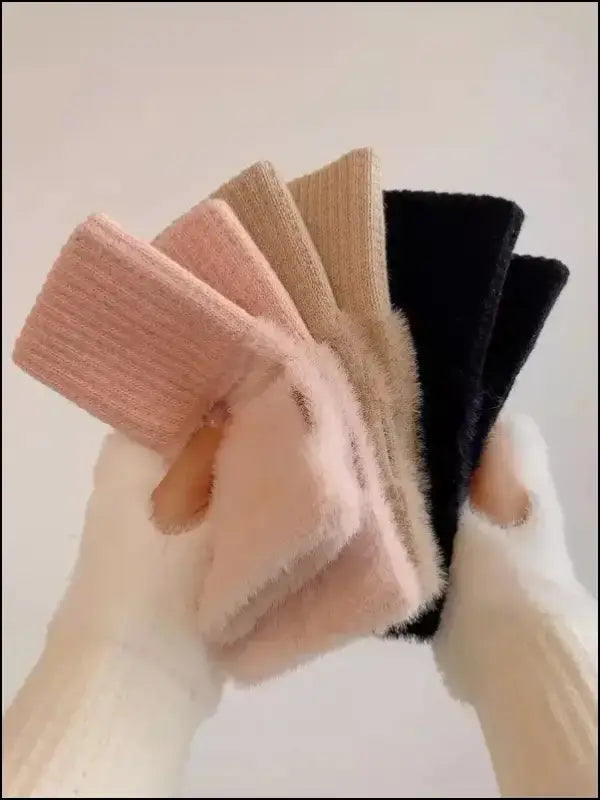 Mink Fleece Soft Winter Half Finger Gloves for Women - Warm Luxury Plush Knitted Fingerless Mittens Writing