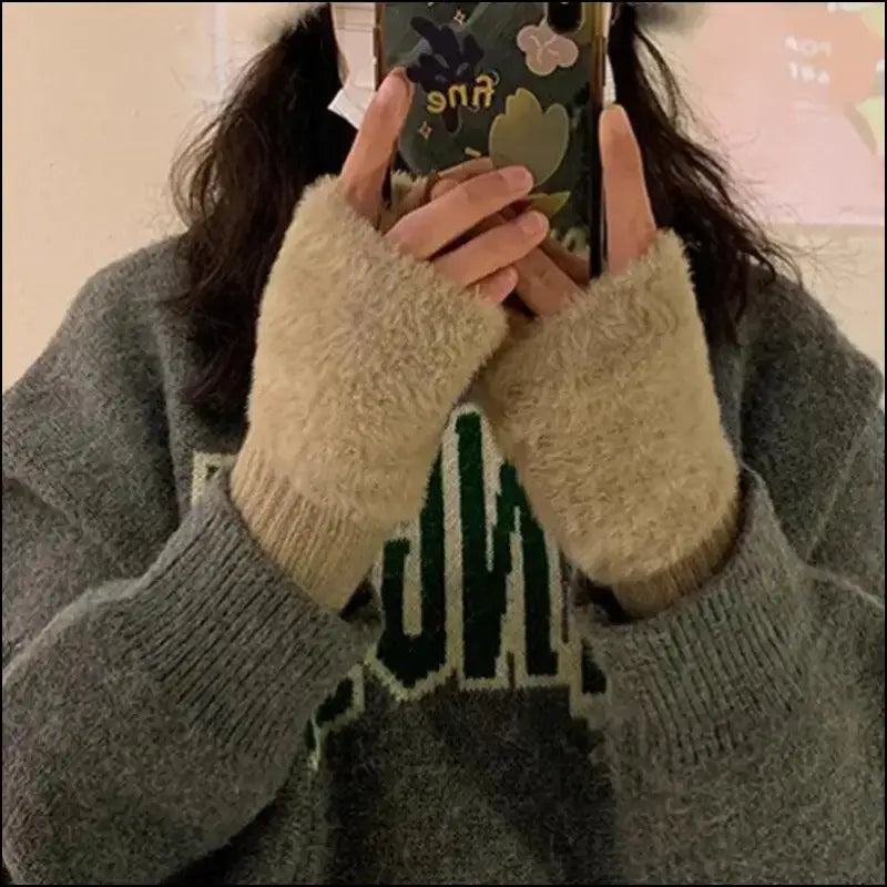 Mink Fleece Soft Winter Half Finger Gloves for Women - Warm Luxury Plush Knitted Fingerless Mittens Writing