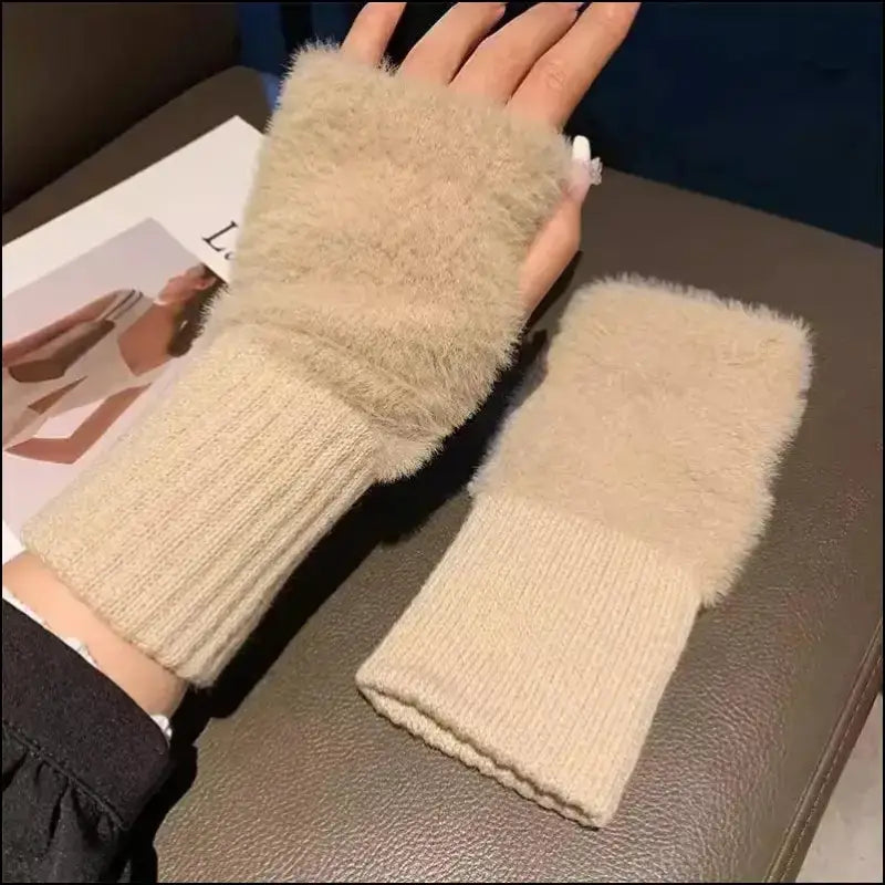 Mink Fleece Soft Winter Half Finger Gloves for Women - Warm Luxury Plush Knitted Fingerless Mittens Writing