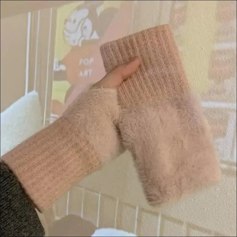 Mink Fleece Soft Winter Half Finger Gloves for Women - Warm Luxury Plush Knitted Fingerless Mittens Writing - pink
