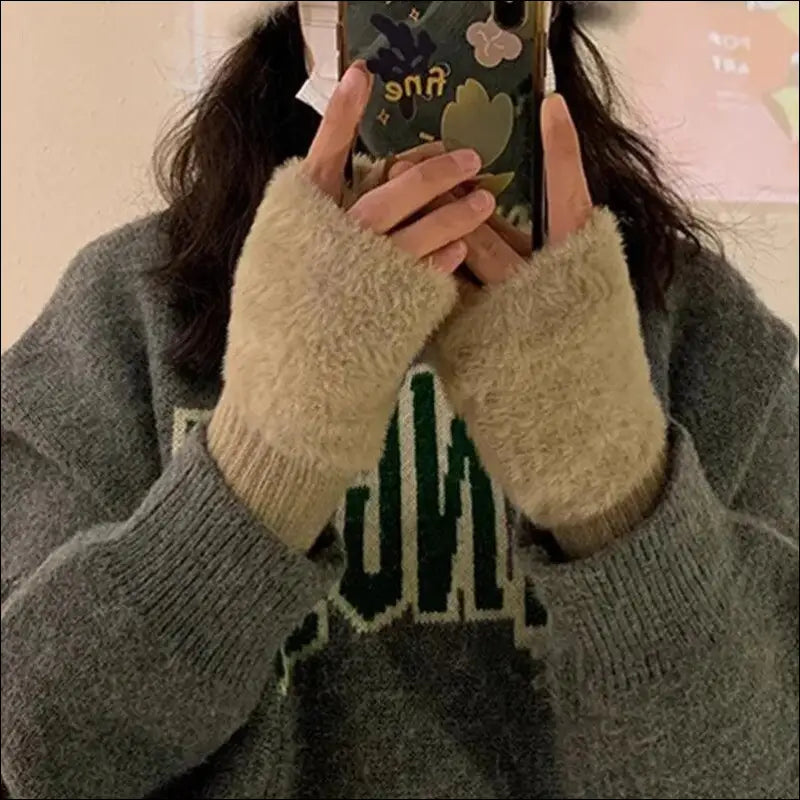 Mink Fleece Soft Winter Half Finger Gloves for Women - Warm Luxury Plush Knitted Fingerless Mittens Writing