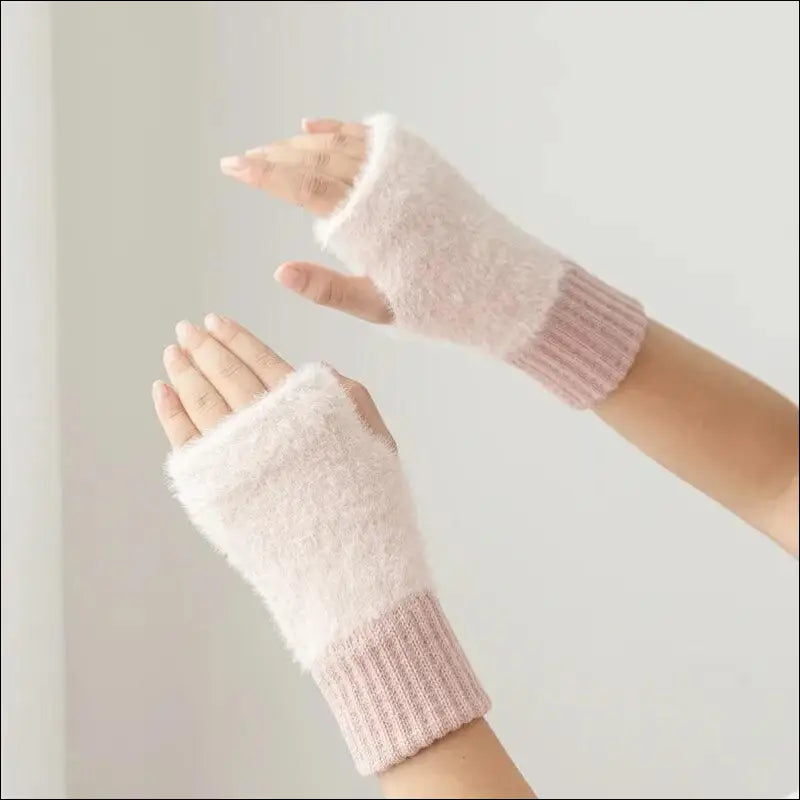 Mink Fleece Soft Winter Half Finger Gloves for Women - Warm Luxury Plush Knitted Fingerless Mittens Writing