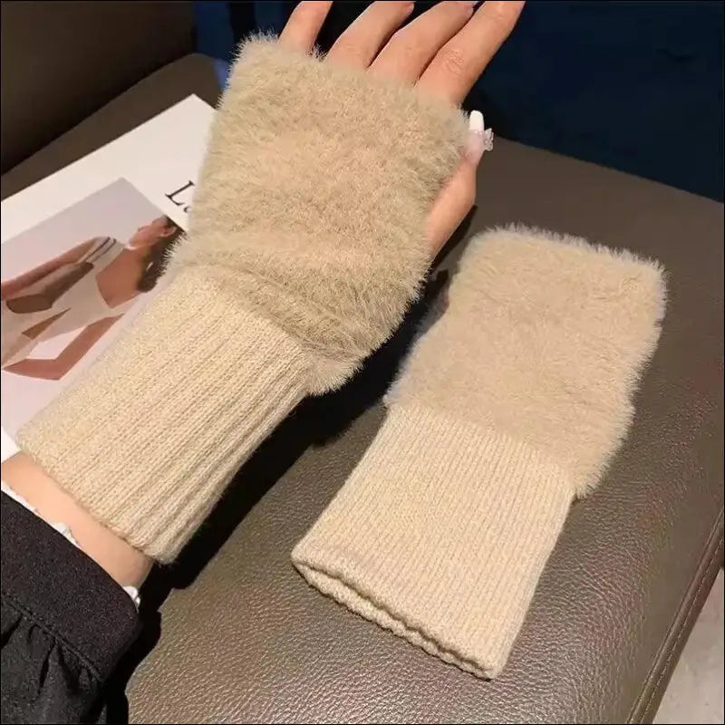Mink Fleece Soft Winter Half Finger Gloves for Women - Warm Luxury Plush Knitted Fingerless Mittens Writing