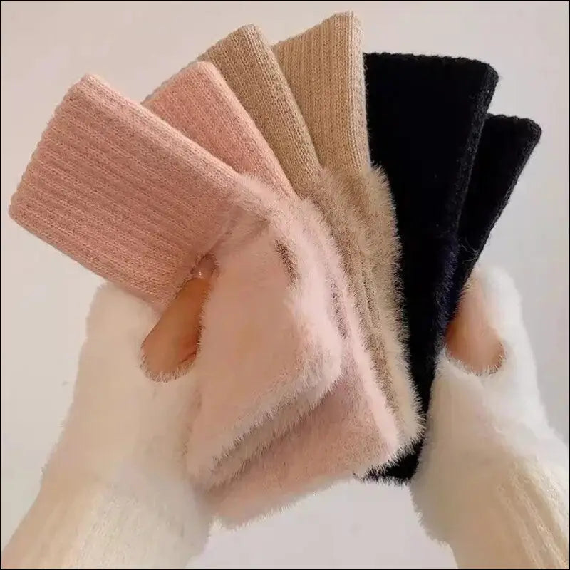 Mink Fleece Soft Winter Half Finger Gloves for Women - Warm Luxury Plush Knitted Fingerless Mittens Writing