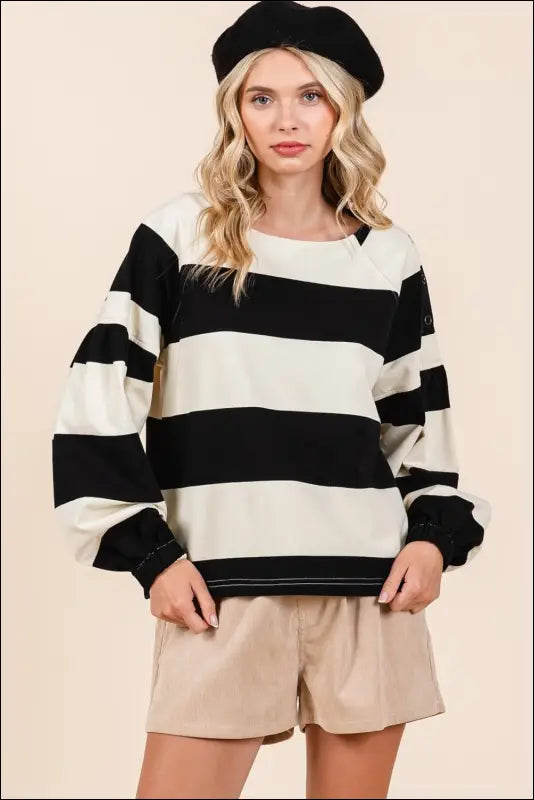 Mittoshop Striped Snap Shoulder Long Sleeve T-Shirt - Black/Ivory / S