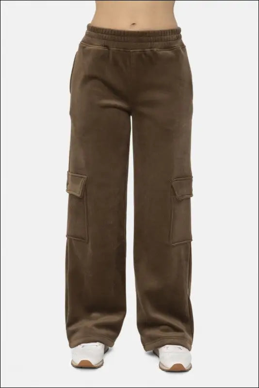 Mono B Elastic Waist Corduroy Cargo Pants - Olive Brown / S