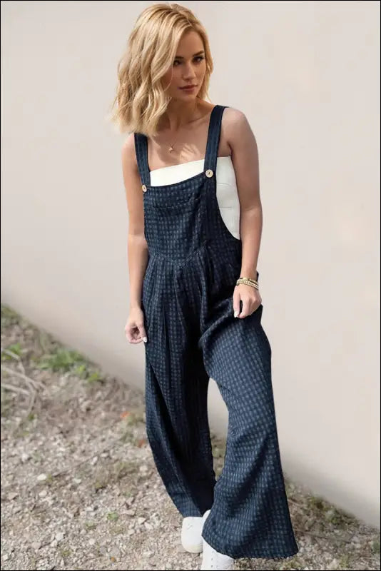 Oh Full Size Plaid Wide Leg Overalls with Pockets - Peacock Blue / S