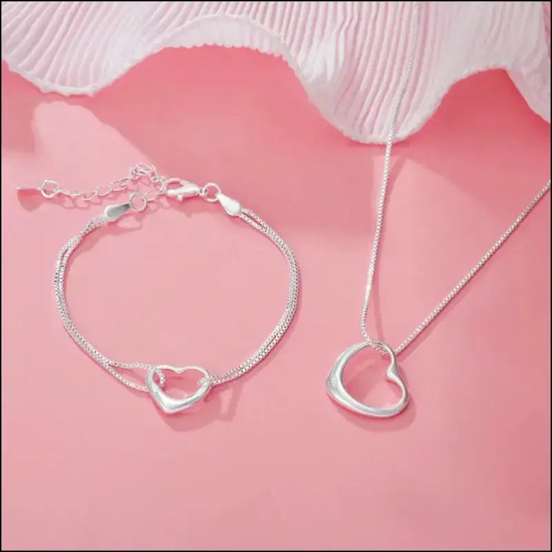 Original 925 Sterling Silver Heart Jewelry Set | Necklaces & Bracelets for Women | Wedding Party Gift - silver Pretty