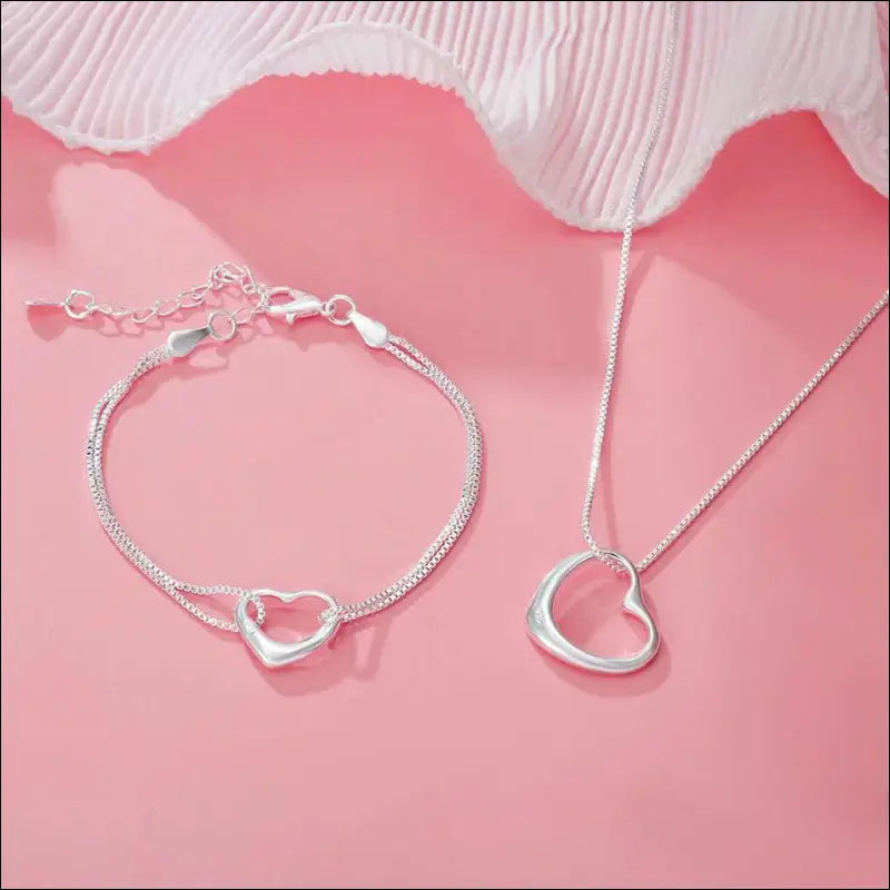 Original 925 Sterling Silver Heart Jewelry Set | Necklaces & Bracelets for Women | Wedding Party Gift - silver Pretty