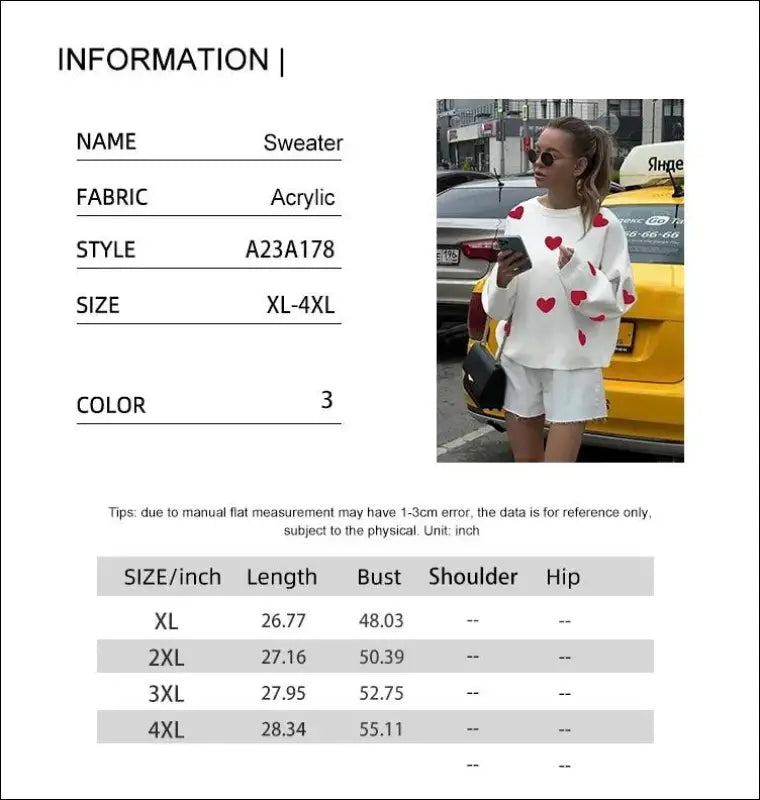 Plus Size Heart Pattern Sweater for Women | Valentine’s Day Casual Long Sleeve Drop Shoulder Pullover | Autumn Fashion
