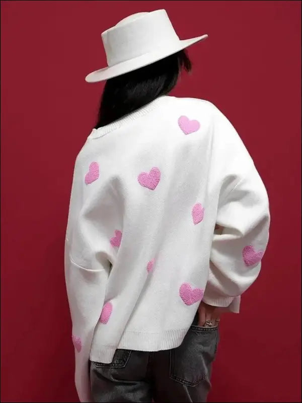 Plus Size Heart Pattern Sweater for Women | Valentine’s Day Casual Long Sleeve Drop Shoulder Pullover | Autumn Fashion