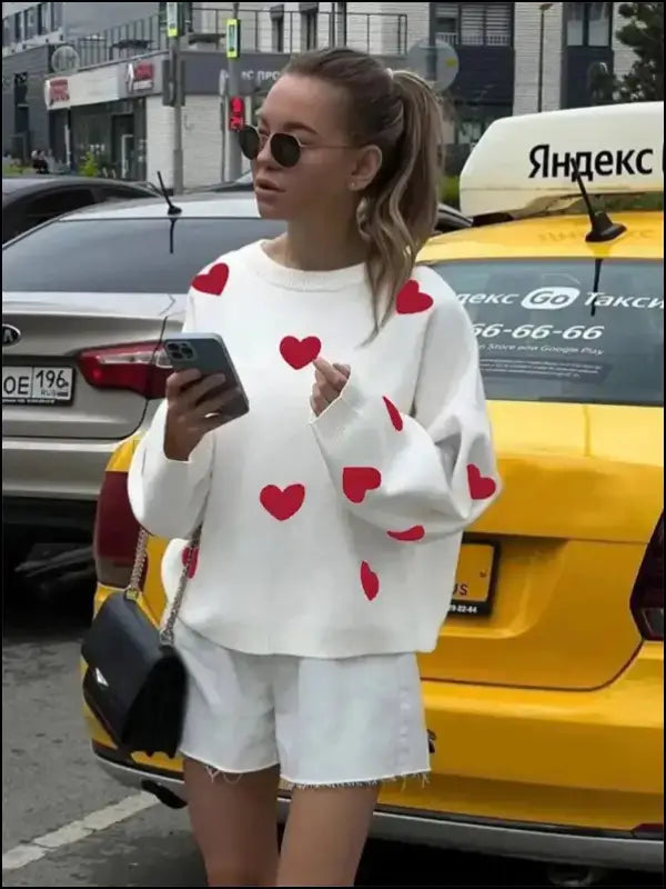 Plus Size Heart Pattern Sweater for Women | Valentine’s Day Casual Long Sleeve Drop Shoulder Pullover | Autumn