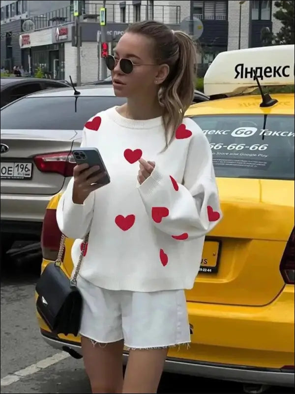 Plus Size Heart Pattern Sweater for Women | Valentine’s Day Casual Long Sleeve Drop Shoulder Pullover | Autumn Fashion