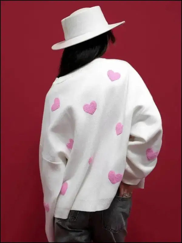 Plus Size Heart Pattern Sweater for Women | Valentine’s Day Casual Long Sleeve Drop Shoulder Pullover | Autumn Fashion