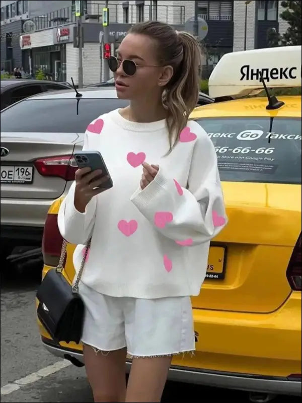 Plus Size Heart Pattern Sweater for Women | Valentine’s Day Casual Long Sleeve Drop Shoulder Pullover | Autumn Fashion