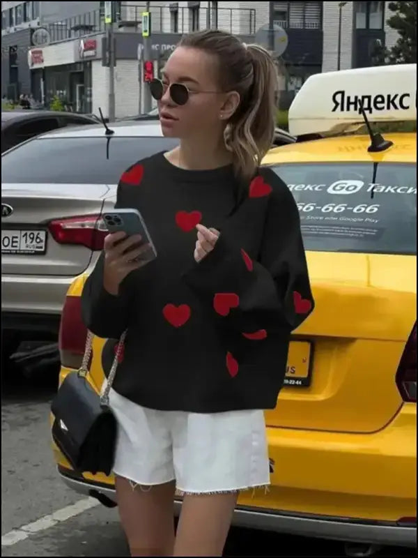 Plus Size Heart Pattern Sweater for Women | Valentine’s Day Casual Long Sleeve Drop Shoulder Pullover | Autumn Fashion
