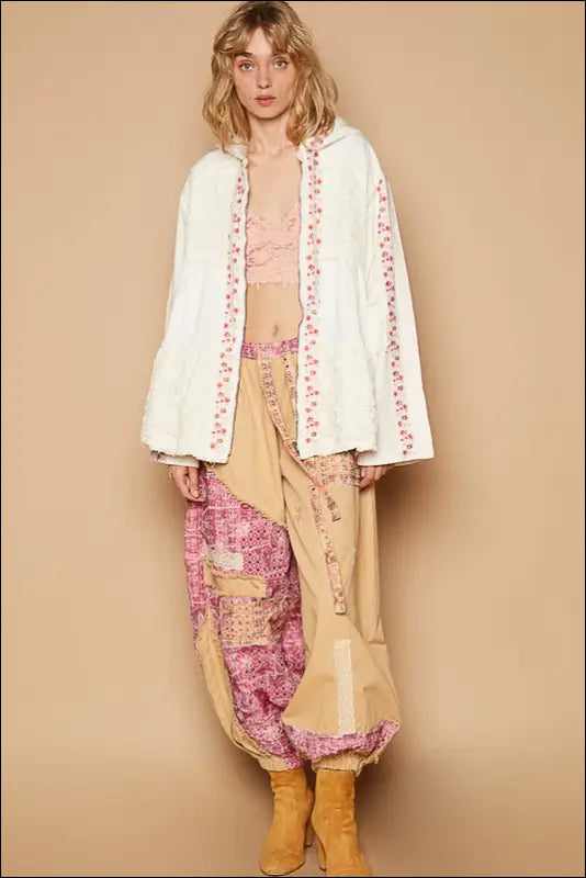 POL Embroidered Lace Patch Zip Up Hooded Jacket
