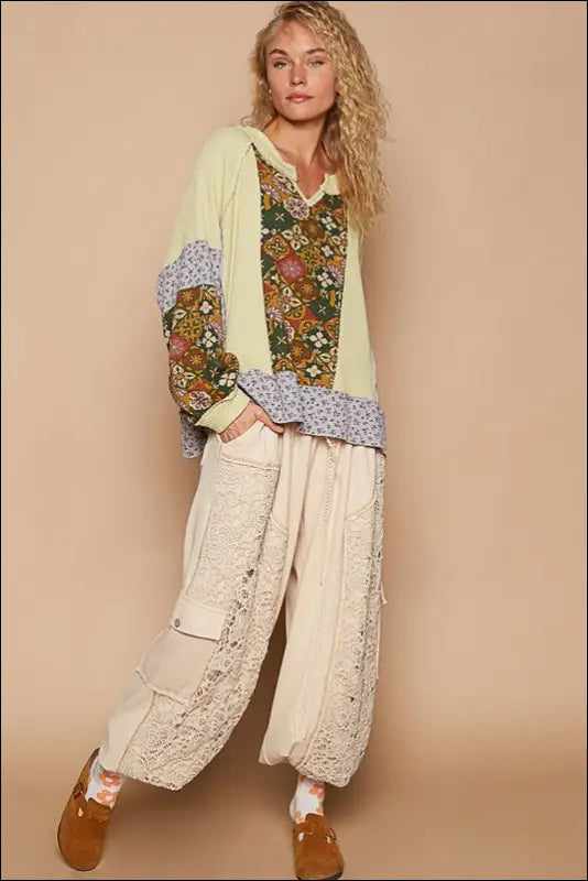 POL Exposed Seam Printed Notched Raglan Sleeve Knit Top