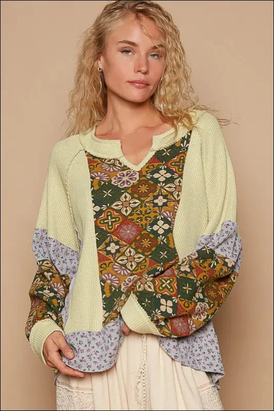 POL Exposed Seam Printed Notched Raglan Sleeve Knit Top - Yellow Green / S