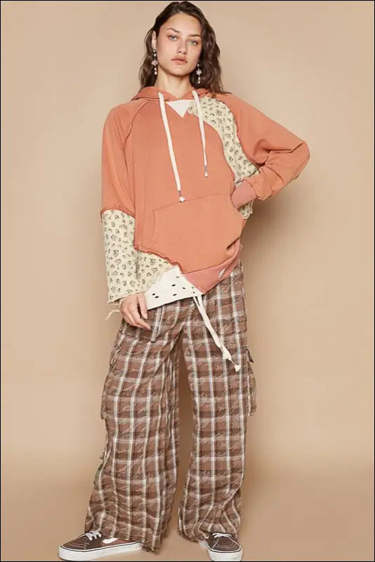 POL Floral Patchwork Distressed Drawstring Hoodie