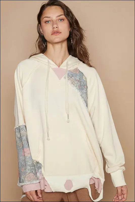 POL Floral Patchwork Distressed Drawstring Hoodie - Cream / S