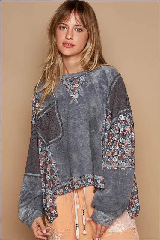 POL Floral Patchwork Round Neck Knit Top