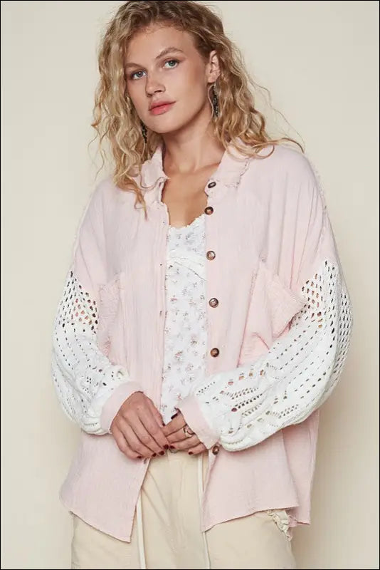 POL Openwork Lantern Sleeve Button Down Gauze Shirt
